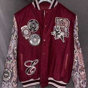 Men's Maroon Varsity Jacket with Embroidered Patches